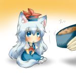  =_= ^q^ animal_ears blue_eyes blue_hair blush chibi dog_ears dog_tail drooling food hat kamishirasawa_keine kemonomimi_mode long_hair minigirl rebecca_(keinelove) rebecca_(naononakukoroni) solo tail touhou 