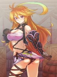  ass blonde_hair choker gauntlets gloves gradient_hair green_hair midriff milla_maxwell multicolored_hair panties red_eyes skirt soxkyo tales_of_(series) tales_of_xillia taut_shirt underwear 