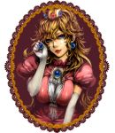  blonde_hair blue_eyes bonnou-s-rice breast_squeeze breasts bust crown dress earrings elbow_gloves frame gloves jewelry large_breasts lips lipstick long_hair makeup marker_(medium) mixed_media portrait princess_peach puffy_sleeves solo super_mario_bros. traditional_media wavy_hair 