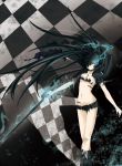 absurdres bikini_top black_hair black_rock_shooter black_rock_shooter_(character) black_rock_shooter_(game) blue_eyes boots glowing glowing_eyes hair_over_one_eye highres long_hair midriff navel ruruta scar shorts solo sword torn_clothes twintails very_long_hair weapon 