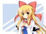  blonde_hair blush bow bust capelet hair_bow hands_clasped interlocked_fingers itamochi long_hair looking_at_viewer shanghai_doll simple_background solo touhou yellow_eyes 