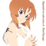  aquilix art_style_parody billhook blue_eyes camisole cover_art dress higurashi_no_naku_koro_ni k-on! machete nose_hatchet orange_hair parody ryuuguu_rena short_hair simple_background smile solo tattoo white_background 