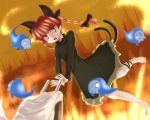  animal_ears bad_id barefoot braid cart cat_ears cat_tail fang fire ghost ghost_tail highres kaenbyou_rin monme_(miasakuya) red_eyes red_hair redhead solo tail touhou 