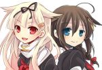  2girls ahoge back-to-back blonde_hair blue_eyes braid brown_hair fang hair_ornament hair_ribbon hairclip kantai_collection long_hair multiple_girls nagasioo neckerchief open_mouth red_eyes ribbon scarf school_uniform serafuku shigure_(kantai_collection) single_braid smile white_scarf yuudachi_(kantai_collection) 