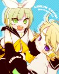  bad_id blonde_hair bow cosplay detached_sleeves green_eyes hair_bow headphones huang_baoling ivan_karelin kagamine_len kagamine_len_(cosplay) kagamine_rin kagamine_rin_(cosplay) purple_eyes short_hair tiger_&amp;_bunny violet_eyes vocaloid 