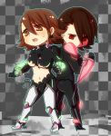  breasts brown_eyes brown_hair chibi dark_persona dual_persona garuko genderswap glowing h-01 kaburagi_t_kotetsu multiple_girls power_armor power_suit red_eyes short_hair spoilers superhero tiger_&amp;_bunny torn_clothes under_boob underboob wild_tiger 