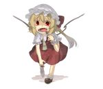  1girl ascot bad_id blonde_hair blood blood_in_mouth blurry depth_of_field dress eiri_(eirri) fangs flandre_scarlet hat open_mouth red_dress red_eyes shirt side_ponytail solo tongue tongue_out touhou walking wings wrist_cuffs wrist_ribbon 