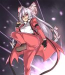  bow cosplay fingerless_gloves fujiwara_no_mokou gloves grin hair_bow houtengeki king_of_fighters leg_lift long_hair red_eyes rugal_bernstein rugal_bernstein_(cosplay) silver_hair smile snk solo touhou 