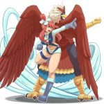  anthro back-to-back bird biri_(artist) blue_eyes boots braviary character_request from_behind fuuro_(pokemon) gloves hair_ornament midriff navel open_mouth personification pointing pokemon pokemon_(game) pokemon_black_and_white pokemon_bw pose red_hair redhead short_shorts shorts smile white_background wings 