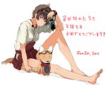  barefoot brown_eyes brown_hair camera dated dog feet fox glock23 goggles japanese_clothes katou_keiko shibafu_(glock23) sitting strike_witches tail toes translated translation_request 