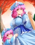  2girls age_difference breasts child dress hand_holding hat holding_hands huge_breasts ko-yuyuko large_breasts mother_and_daughter outdoors pink_hair red_eyes saigyouji_yuyuko shin&#039;en_(gyokuro_company) short_hair smile touhou tree triangular_headpiece 