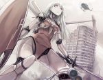  android ariel_(novel) ariel_(robot) building from_below giantess green_hair helicopter long_hair pink_eyes robot ruins solo standing sword tea_(artist) weapon 