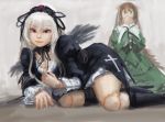  2girls absurdres boots breasts brown_hair cleavage cleavage_reach doll_joints doyora frills green_eyes hairband hands_to_mouth heterochromia high_heels highres lolita_fashion long_hair multiple_girls red_eyes rozen_maiden shoes suigintou suiseiseki white_hair wings 