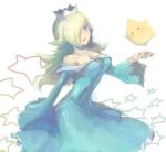  blonde_hair blue_dress blue_eyes breasts cleavage crown dress hair_over_one_eye long_hair luma maru01 maruna_(maru01) princess_rosalina rosalina rosalina_(mario) star super_mario_bros. super_mario_galaxy 