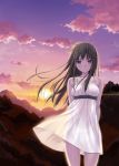  bare_shoulders black_eyes black_hair cloud dress long_hair looking_at_viewer original see-through_silhouette sky solo standing sundress sunset white_dress yuki_usagi 