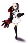  black_legwear boots dress glowing_eyes hair_over_one_eye large_arm multicolored_hair nobusnow original red_eyes shadow short_hair simple_background solo stuffed_animal stuffed_toy thigh-highs thigh_boots thighhighs two-tone_hair white_hair white_legwear 