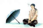  blue_hair casual cigarette crimo fate/hollow_ataraxia fate/stay_night fate_(series) indian_style lancer long_hair male ponytail sitting solo umbrella yawning 