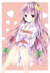  book book_hug bow breasts censored cleavage convenient_censoring crescent hair_bow heart long_hair mizumidori no_hat no_headwear no_pants open_mouth patchouli_knowledge pink_eyes purple_hair red_eyes shirt sitting solo touhou 