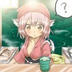  ? animal_ears blush breasts brown_eyes cleavage collarbone counter cup cutting_board down_blouse dress ear_piercing earrings eel face forest hat head_scarf japanese_clothes jewelry knife mystia_lorelei nature night no_bra nobamo_pieruda obi okamisty piercing pink_dress pink_hair sash short_hair sky solo star_(sky) steam sweat tasuki tea teacup touhou wings 