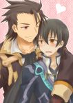  alvin_(tales_of_xillia) bad_id black_hair blush brown_eyes brown_hair gloves jude_mathis male multiple_boys pink_background scarf smile tales_of_(series) tales_of_xillia uni_(rabbit_beat) wink 