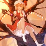  ascot bare_legs blonde_hair bow convenient_leg dress feet flandre_scarlet footwear hat hat_ribbon highres in_tree laevatein open_mouth red_eyes ribbon short_hair side_ponytail sitting sitting_in_tree skirt smile socks solo sunset the_embodiment_of_scarlet_devil touhou tree white_legwear wings zrero 