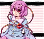  bad_id eyeball frills komeiji_satori purple_hair rararakoppenpann red_eyes shirogane_(ankoromochi) short_hair sleeves_past_wrists smile solo third_eye touhou 