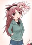  ? akemi_homura artist_request blush bow chibi closed_eyes dress eyes_closed goddess_madoka gseeddjp hair_bow hands_in_pockets highres hug jacket kaname_madoka long_hair mahou_shoujo_madoka_magica multiple_girls open_mouth pink_hair ponytail red_eyes red_hair redhead sakura_kyouko short_twintails simple_background source_request spoilers translated twintails ultimate_madoka wings 
