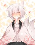  animal_ears bridal_gauntlets bust closed_eyes detached_sleeves eating eyes_closed happy heart highres inubashiri_momiji kazami_ryouya leaf leaf_background no_hat no_headwear short_hair silver_hair solo tail tail_wagging touhou wolf_ears wolf_tail 