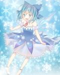  1girl adapted_costume barefoot blonde_hair blue_dress blue_hair blush bow cirno collarbone dress hair_bow ice ice_wings layered_dress looking_at_viewer mushi_baibai off_shoulder open_mouth outstretched_arms pigeon-toed see-through smile solo touhou white_dress wings 