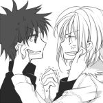  angry hand_holding holding_hands kamijou_touma lowres monochrome short_hair spiked_hair spiky_hair spring_water to_aru_majutsu_no_index white_hair 