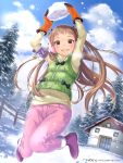  1girl brown_hair bunny_earmuffs earmuffs gloves green_eyes grin ilog jumping long_hair looking_at_viewer occhan_(artist) official_art smile snow snowing solo steam sweater tagme vest 