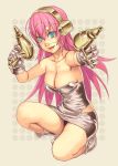  and aqua_eyes armpits bare_shoulders boots breasts cleavage gun headphones kneeling megurine_luka pink_hair solo vocaloid weapon 