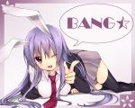  ;d animal_ears bang black_legwear breasts bunny_ears erect_nipples finger_gun large_breasts long_hair lying necktie on_stomach open_mouth pointing purple_hair red_eyes reisen_udongein_inaba simple_background skirt smile solo suimen thigh-highs thighhighs touhou very_long_hair wink zettai_ryouiki 