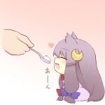  animal_ears bow cat_ears chibi closed_eyes crescent eyes_closed fang feeding food hair_bow hair_ornament hazuki_ruu kemonomimi_mode long_hair minigirl no_hat no_headwear patchouli_knowledge purple_hair solo touhou very_long_hair 