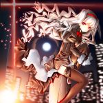  black_legwear building chu city dress full_moon garter_straps gloves hairband idolmaster jacket leg_hug long_hair moon puffy_sleeves red_eyes shijou_takane silver_hair sitting skindentation skyscraper solo thigh-highs thighhighs very_long_hair 