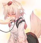  animal_ears blush breasts collar detached_sleeves face fangs finger_in_mouth hands hat inubashiri_momiji kazami_ryouya leaning_forward leash red_eyes saliva short_hair silver_hair simple_background solo tail tears tokin_hat touhou wolf_ears wolf_tail 