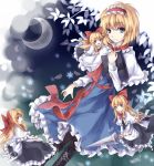  :d alice_margatroid asuka_(louyun) bad_id black_legwear blonde_hair blue_eyes book boots bow capelet crescent_moon cross-laced_footwear dress frills hair_bow hairband lance moon open_mouth pantyhose polearm ribbon shanghai_doll short_hair smile solo touhou weapon wings 