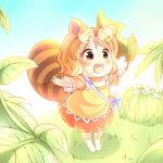  :3 :d animal_ears barefoot blush brown_eyes brown_hair chibi child dress futatsuiwa_mamizou glasses glasses_on_head grass highres leaf onion_pikupiku open_mouth outstretched_arms raccoon_ears raccoon_tail sake short_hair smile solo spread_arms standing tail touhou young 