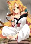  absurdres animal_ears bare_shoulders barrel blonde_hair bracelet brown_eyes character_request collarbone copyright_request hair_ornament highres indian_style japanese_clothes jewelry kemonomimi kimono long_hair no_pupils open_mouth sake sitting solo source_request tail tatsukichi 