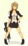  ahoge and assault_rifle blonde_hair breasts cleavage cross_eyed green_eyes grenade_launcher gun hand_on_hip hips long_hair m203 m4_carbine mustard_seeds navel original rifle side_slit skirt sleeves_rolled_up underbarrel_grenade_launcher weapon 