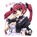  blush bow breasts cleavage finger_to_mouth frills green_eyes hair_bow highres long_hair maid maid_headdress queen&#039;s_blade queen's_blade red_hair redhead smile solo takamura_kazuhiro translated twintails wrist_cuffs 