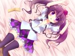  bad_id black_legwear blush brown_hair cellphone checkered checkered_skirt hat highres himekaidou_hatate no_bra on_back on_bed open_clothes open_mouth open_shirt phone purple_eyes shefu shirt skirt thigh-highs thighhighs tokin_hat touhou twintails violet_eyes 