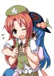  anger_vein blue_eyes blue_hair bow braid breast_grab breasts darkside food fruit hair_bow hat hinanawi_tenshi hong_meiling long_hair multiple_girls neck_ribbon open_mouth peach red_eyes red_hair redhead ribbon simple_background touhou twin_braids wince wink 