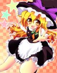  apron black_dress blonde_hair checkered dress geogeo hair_ribbon hand_on_hat hat highres kirisame_marisa open_mouth outstretched_hand ribbon solo star touhou waist_apron witch witch_hat yellow_eyes 