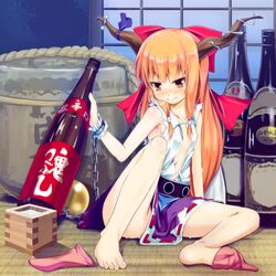  armpits bare_legs barefoot blush bottle bow chain chains feet flat_chest hair_bow horn_ribbon horns ibuki_suika long_hair masu open_clothes open_shirt orange_hair ribbon sake sake_barrel sake_bottle sch shirt single_sock sitting skirt sleeveless sleeveless_shirt sock_dangle sock_pull socks socks_removed solo tatami thighs touhou wrist_cuffs yellow_eyes 