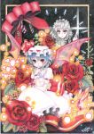  bat bow colored_pencil_(medium) crystal flower hand_on_own_face hand_to_chin izayoi_sakuya knife leaf maid maid_headdress mosho multiple_girls remilia_scarlet rose see-through throwing_knife touhou traditional_media weapon wings 