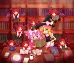  :d =_= ^_^ apron bat_wings blush book bookshelf bow cameo character_request chibi chibi_on_head clone closed_eyes coffee coffee_cup crescent crystal_ball cup demon_tail eyes_closed floating hair_bow hand_on_hip hat hat_bow head_wings hips holding holding_book kaname_madoka kirisame_marisa koakuma library long_hair mahou_shoujo_madoka_magica multiple_girls multiple_persona necktie no_mouth notepad object_on_head open_book open_mouth patchouli_knowledge person_on_head purple_eyes purple_hair quill reading red_eyes red_hair redhead sasshii skirt smile tail the_embodiment_of_scarlet_devil touhou vest violet_eyes voile waist_apron wings witch witch_hat 