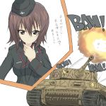  1girl core_(mayomayo) girls_und_panzer hat military military_uniform military_vehicle nishizumi_maho peaked_cap solo tank throat_mike tiger_(tank) uniform vehicle 