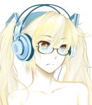  alternate_hair_color bespectacled blonde_hair brown_eyes bust face glasses hair_ornament hatsune_miku headphones highres long_hair pas_(paxiti) twintails vocaloid 