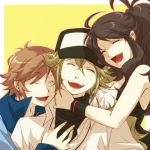  ^_^ baseball_cap breasts brown_hair cleavage closed_eyes eyes_closed green_hair hat laughing mogiko multiple_boys n_(pokemon) no_hat no_headwear pokemon pokemon_(game) pokemon_black_and_white pokemon_bw simple_background smile touko_(pokemon) touya_(pokemon) wristband 